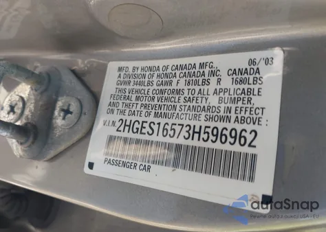 2003 Honda Civic Lx z USA, uszkodzony, nr VIN 2HGES16573H596962